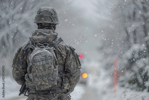 Lone soldier in camouflage and combat gear stands watchful in a snowstorm, demonstrating dedication and strength in a frigid, wintry setting with a blurred backdrop