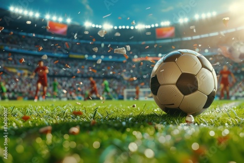 Close-up view of a classic soccer ball poised on the penalty kick spot, ready for a decisive shot, with defocused stadium and players in the background during a vibrant match photo