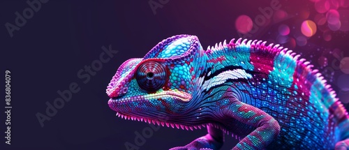 Close-up of a vibrant chameleon against a black background, showing its colourful scales and intricate patterns.