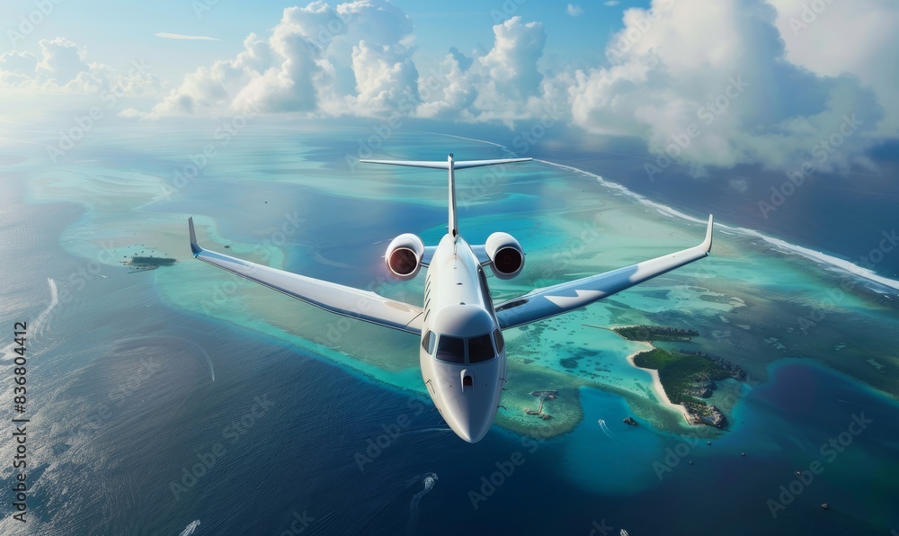 Fototapeta premium A bright white VIP private jet flying over an island and crystal clear turquoise waters.