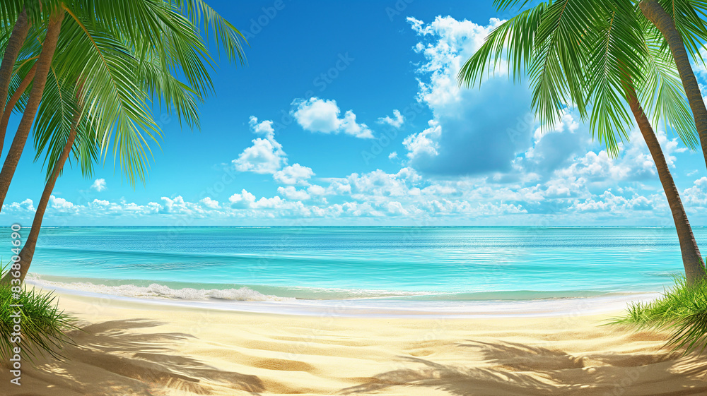 A tropical beach scene with palm trees, white sand, and clear blue water, a perfect vacation background