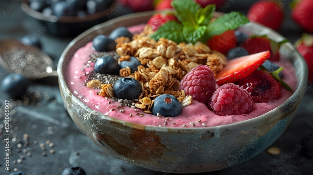 A healthy smoothie bowl topped with granola, chia seeds, and assorted fresh fruits A healthy smoothie bowl topped with granola, chia seeds, and assorted fresh fruits