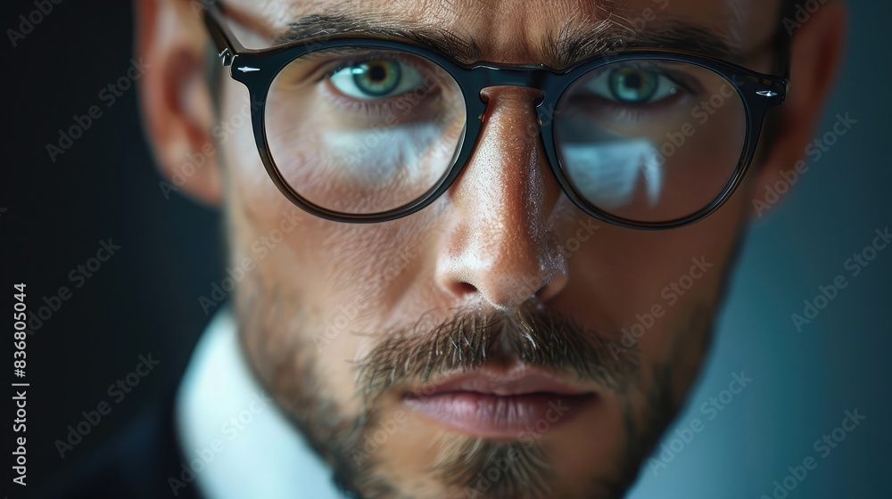 Close-up of a businessman's face showing focus and intent Close-up of a businessman's face showing focus and intent