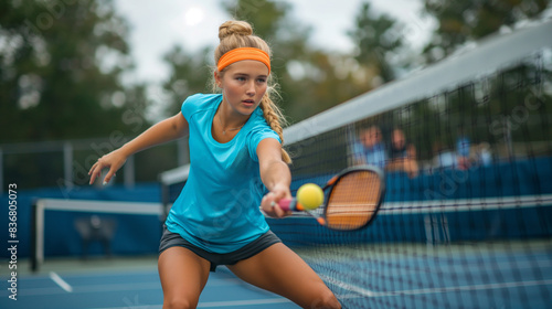 Young woman playing pickleball at the pickleball court
