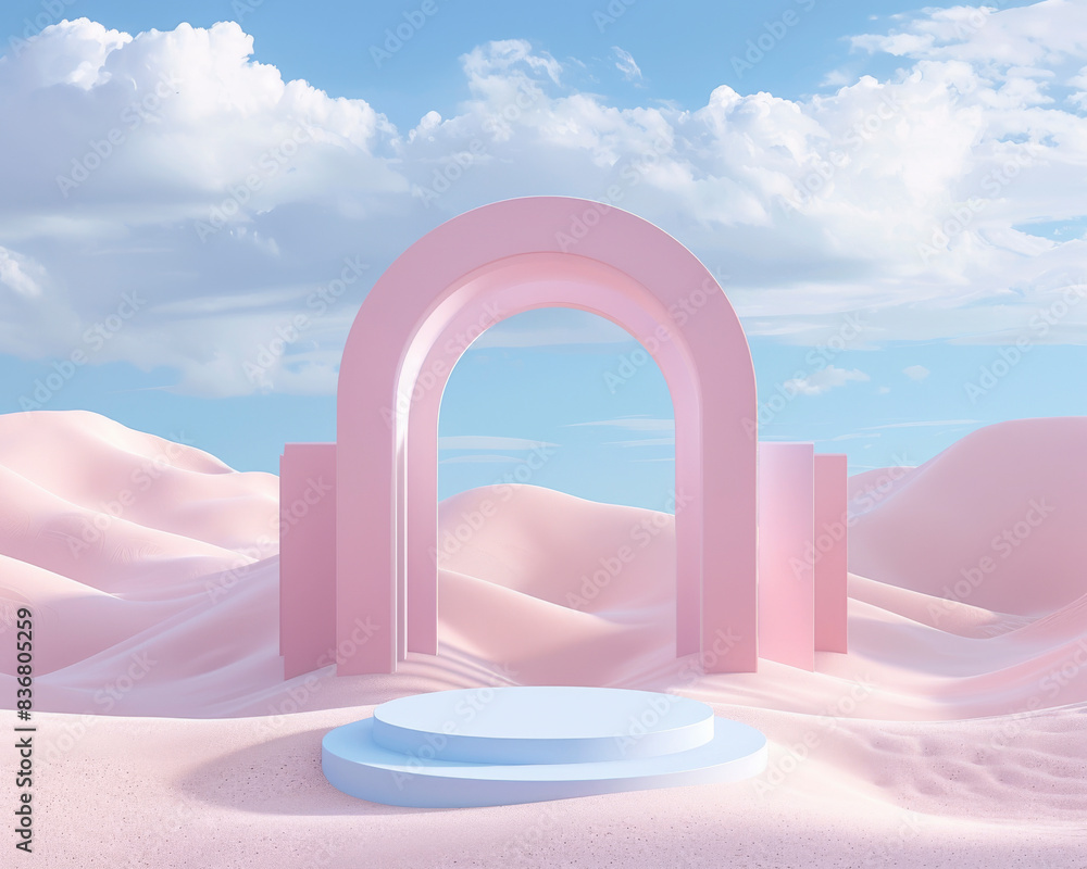 Podio para producto en el desierto con arcos rosado decorativos. Podio para producto en el desierto con arcos rosado decorativos.