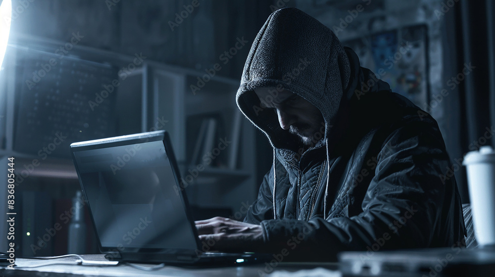 Cyber thief, fraud, online scamming, criminal hacker. AI Generated Cyber thief, fraud, online scamming, criminal hacker. AI Generated