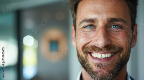Close-up of a businessman's face showing satisfaction and achievement