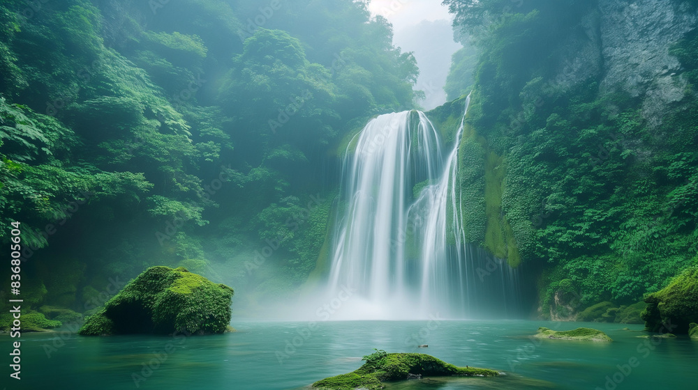 A cascading waterfall surrounded by lush green rainforest. A cascading waterfall surrounded by lush green rainforest.