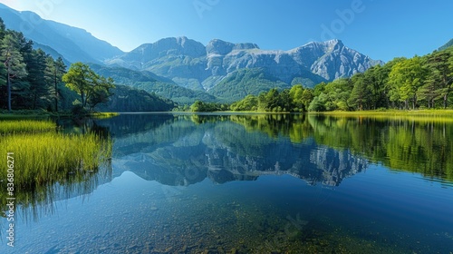 Tranquil Lake Reflections: Serene Waters, Lush Landscape, Harmony, Peaceful Mountains, Clear Blue Sky 