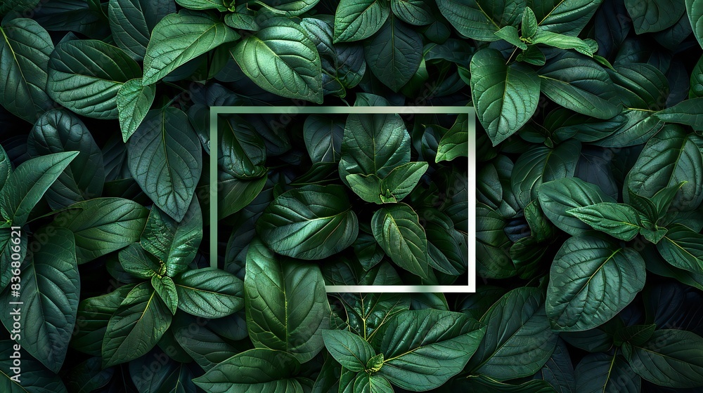 Big dock leaves creating a dense herbal background with a rectangular vector frame overlay. Big dock leaves creating a dense herbal background with a rectangular vector frame overlay.