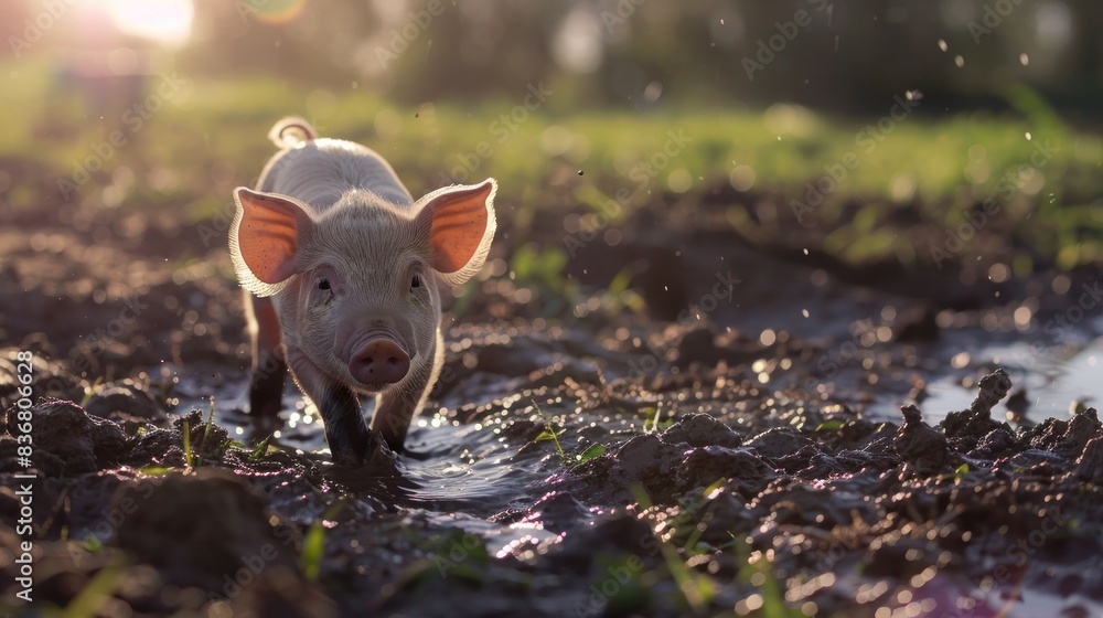 Piglet enjoys a muddy field on a sunny day. Bright sunlight highlights the piglet's tiny ears and cute features as it explores the outdoors. Piglet enjoys a muddy field on a sunny day. Bright sunlight highlights the piglet's tiny ears and cute features as it explores the outdoors.
