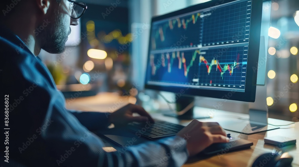 Financial analyst reviewing stock market graphs and data analytics reports on a desktop computer Financial analyst reviewing stock market graphs and data analytics reports on a desktop computer
