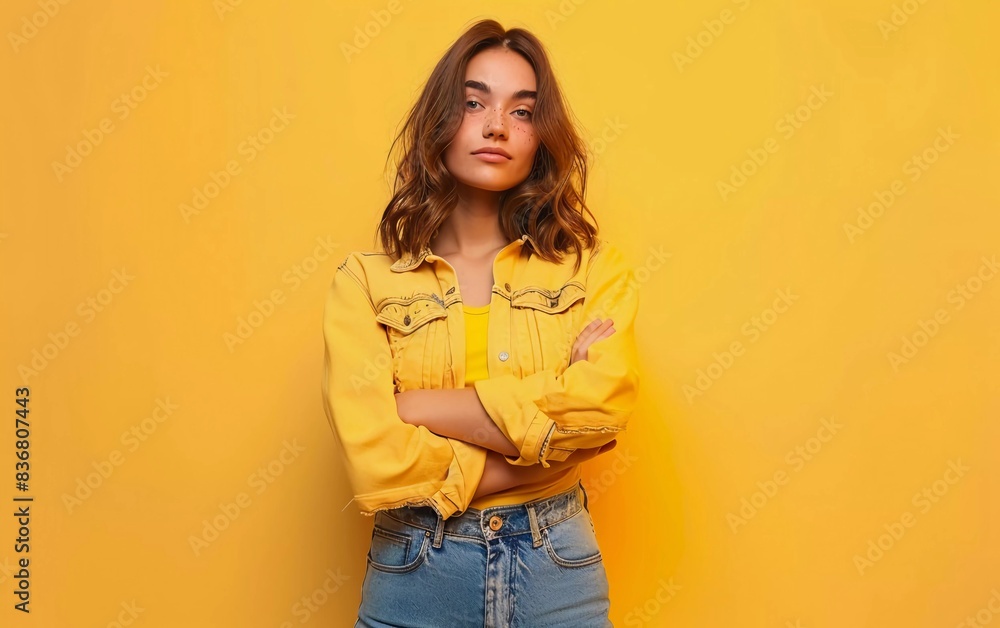 photo of cool and satisfied happy woman standing with folded hands isolated over yellow background photo of cool and satisfied happy woman standing with folded hands isolated over yellow background