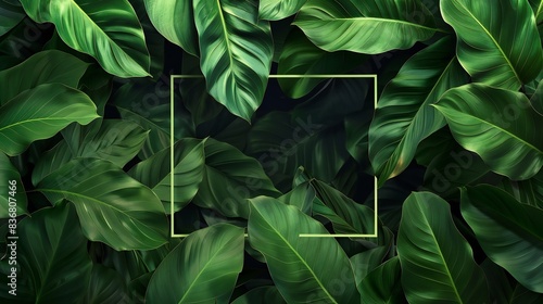 Giant calathea leaves forming a striking background with a vector rectangle overlay prominently displayed.