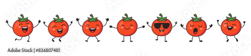 Flat Vector Cartoon Cute and Funny Tomato Character. Dancing, Smiling, Happy, Singing Tomato with Different Faces and Emotions. Tomato Icon, Logo, Vector Illustration in Kawaii Style