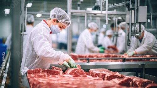 Production line in the food factory.Factory for the production of food from meat.Industrial equipment at a meat factory.Automated production line in modern food factory.People working.