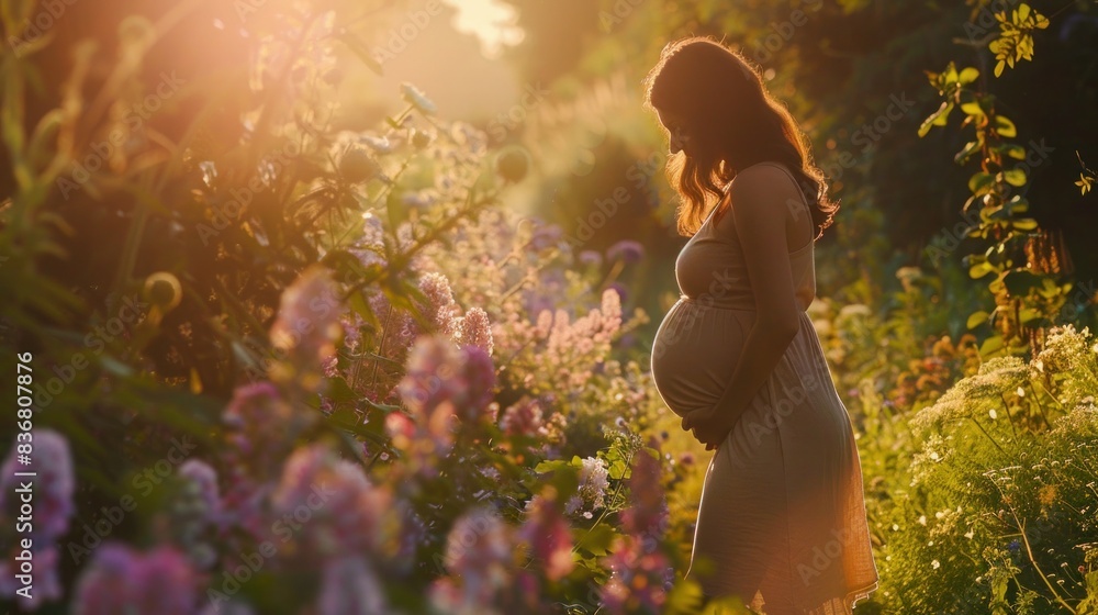 Beautiful pregnant woman in a garden at sunset, surrounded by colorful flowers and bathed in warm golden sunlight.
