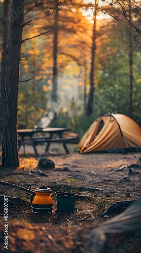 Camping tent on the grass background photo