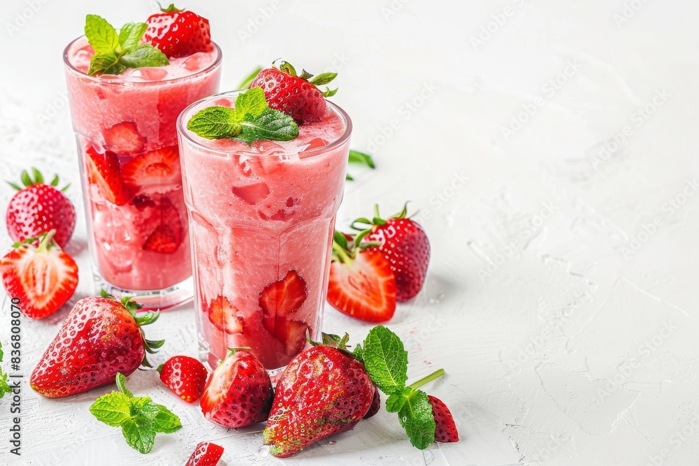 Freshly pressed strawberry juice smoothie with strawberry toppings on white background photography Freshly pressed strawberry juice smoothie with strawberry toppings on white background photography