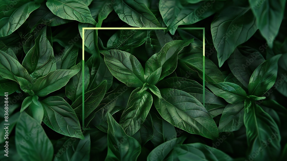 Large wasabi leaves creating a dense green background with a vector rectangle overlay prominently displayed.
