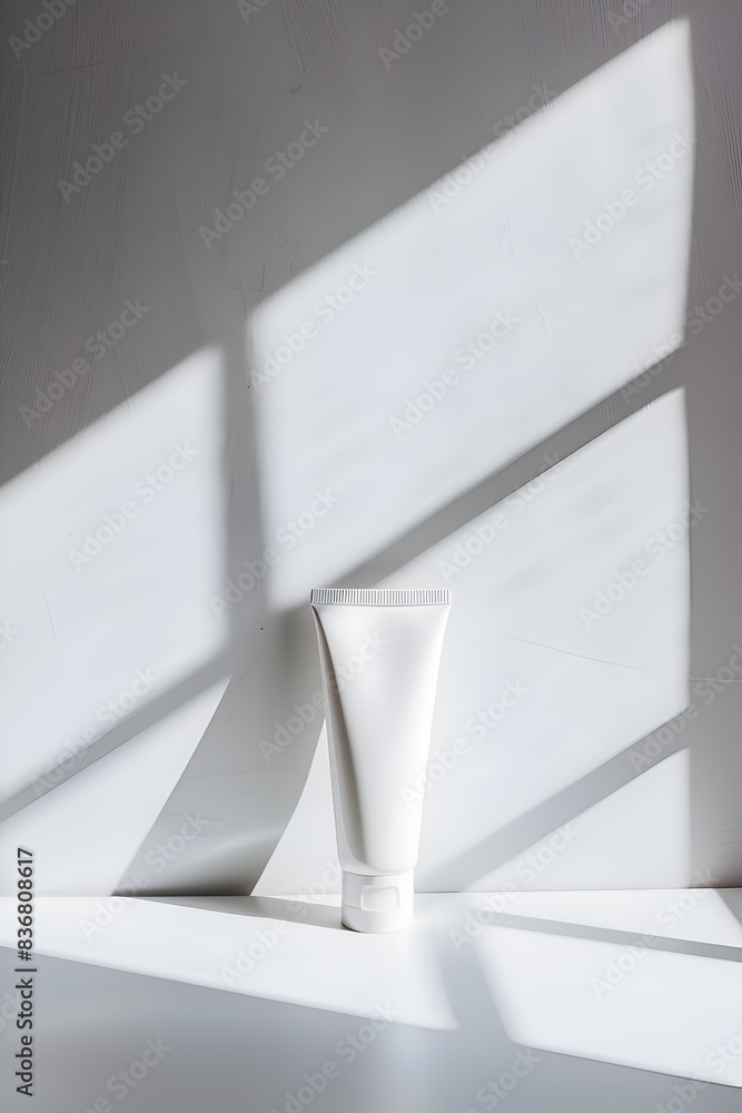 A tube of white toothpaste is sitting on a white countertop. The light shining on the tube creates a shadow on the counter A tube of white toothpaste is sitting on a white countertop. The light shining on the tube creates a shadow on the counter