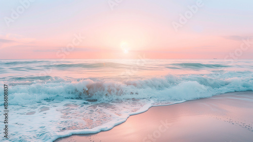 Calm ocean waves on the background of pink sunset  serene seascape