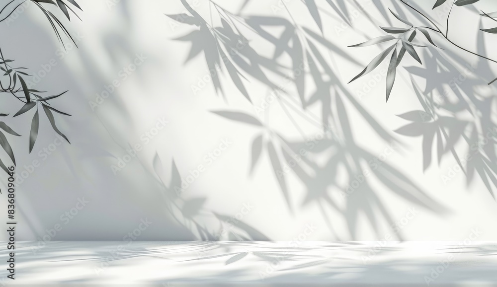 Abstract white background with shadow of leaf and tree for product display presentation or wallpaper design decoration in summer concept. empty table top for advertising and branding concept Abstract white background with shadow of leaf and tree for product display presentation or wallpaper design decoration in summer concept. empty table top for advertising and branding concept