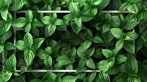 Oregano leaves spread out to form the background with a rectangular vector frame overlaying the scene.