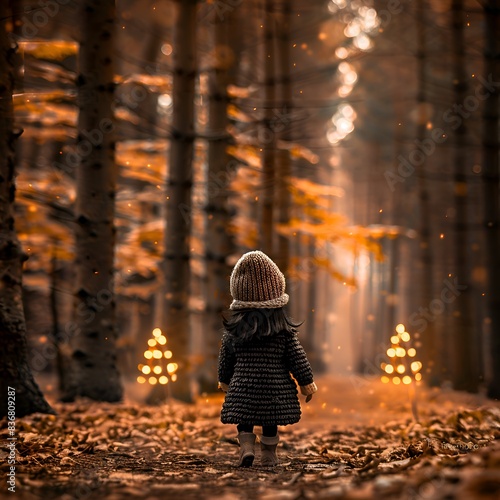 A young girl wearing a black hat stands in a forest with leaves on the ground. The image has a warm and cozy feeling, as the girl is wearing a hat and standing in a forest with autumn leaves photo