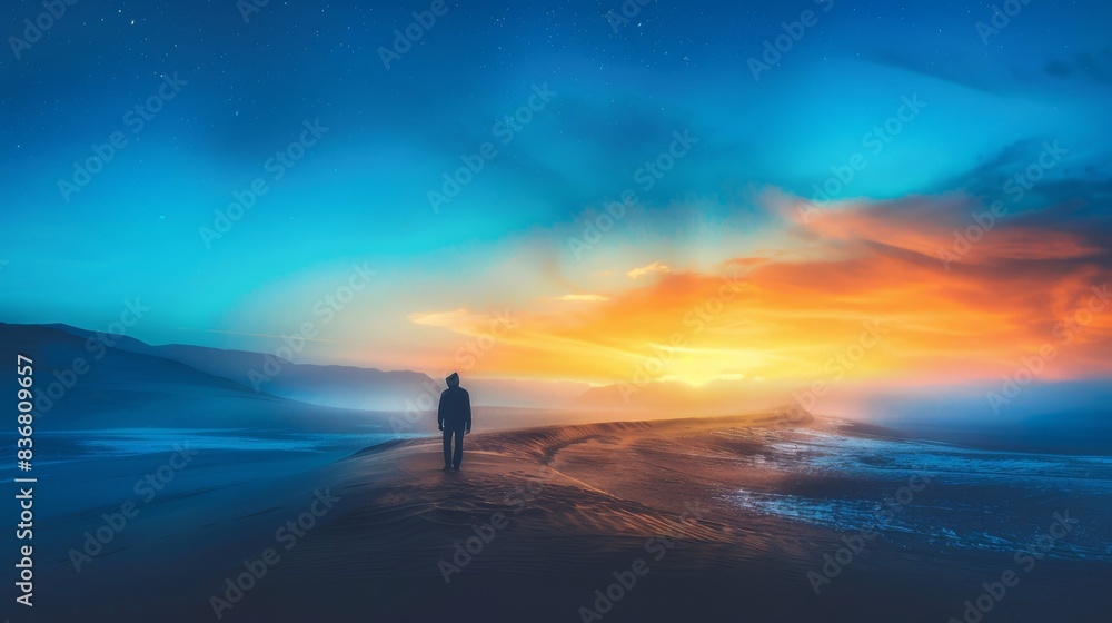 A person is walking on a beach at sunset A person is walking on a beach at sunset