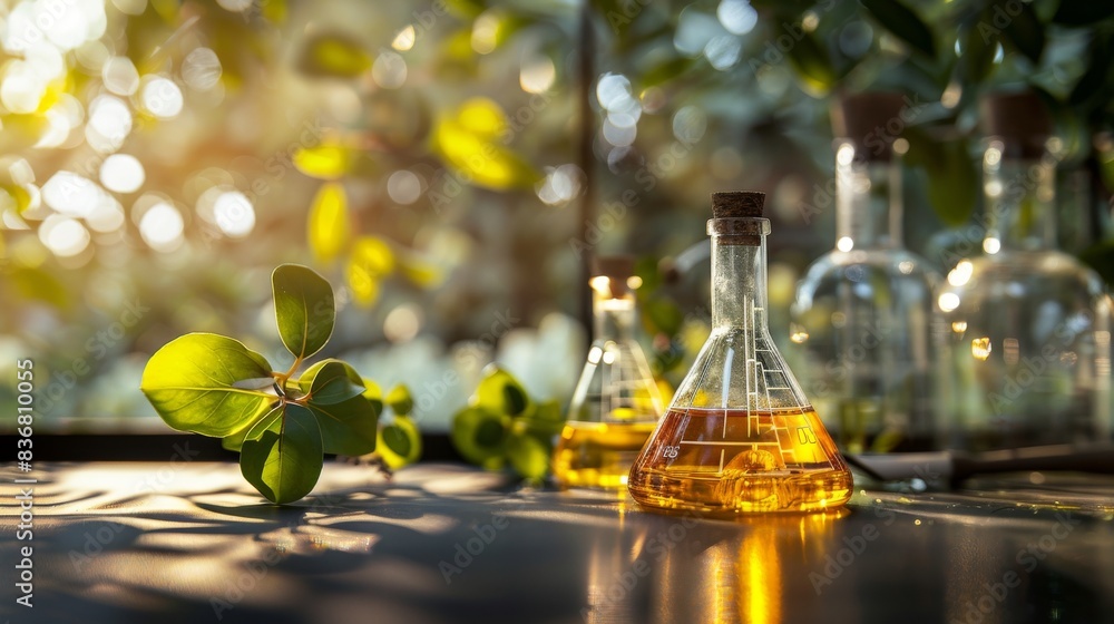 A few glass vials of liquid sit on a table next to a leaf