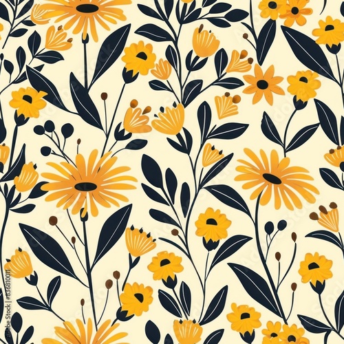 folk style yellow floral seamless repeating pattern