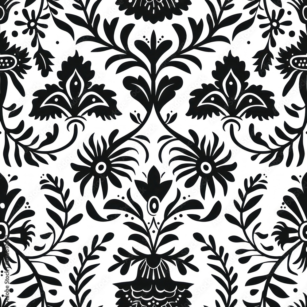 seamless repeating black and white folk pattern with flowers seamless repeating black and white folk pattern with flowers