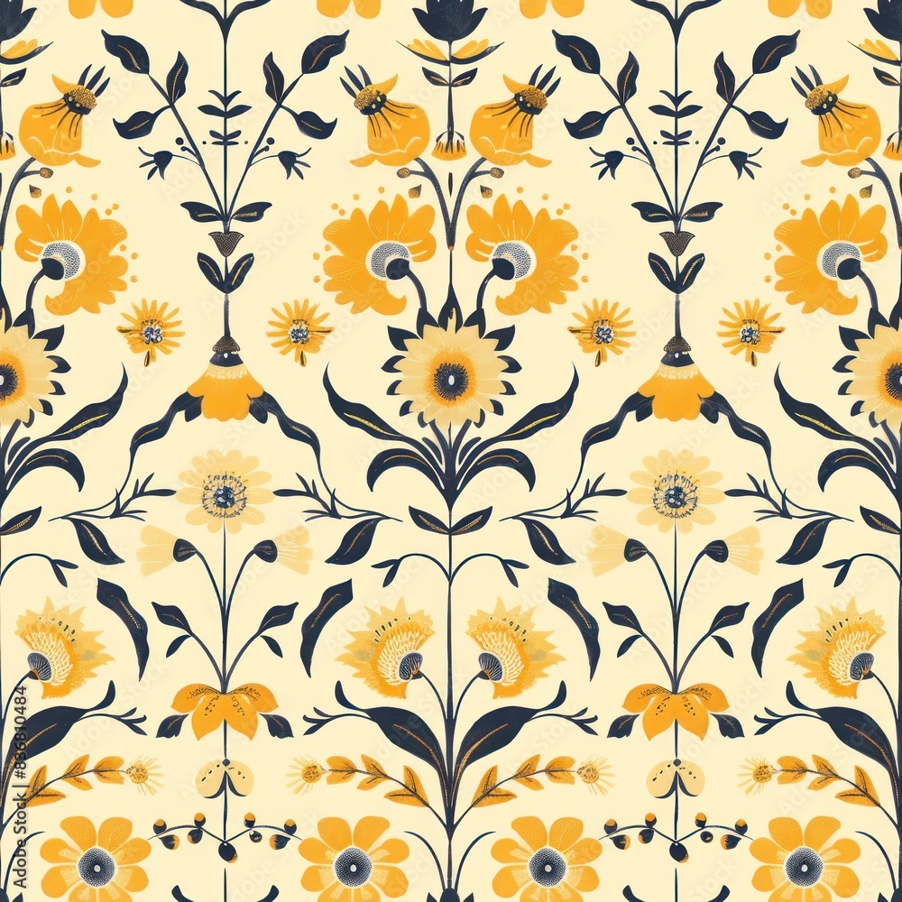 seamless repeating floral folk style pattern in yellow with fine lines seamless repeating floral folk style pattern in yellow with fine lines