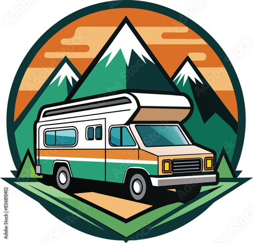 Camper van logo design, RV camper van classic style logo vector illustration