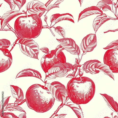 red seamless repeating apple pattern in style of toile de jouy