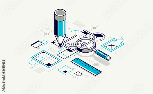 Engineering project concept, blueprint engineer work vector 3D isometric illustration, abstract draft drawing, cad technical plan.