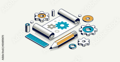 Mechanical engineering project concept, engine draft plan drawing, technical scheme blueprint, paper sheet with gears and pencil 3D isometric vector illustration, repair tutorial.