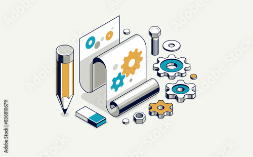 Mechanical engineering project concept, engine draft plan drawing, technical scheme blueprint, paper sheet with gears and pencil 3D isometric vector illustration, repair tutorial. photo