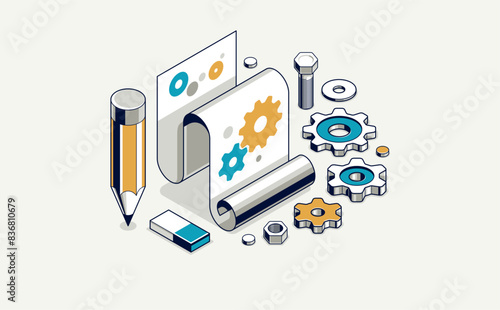 Mechanical engineering project concept, engine draft plan drawing, technical scheme blueprint, paper sheet with gears and pencil 3D isometric vector illustration, repair tutorial.
