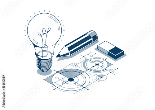 Creative engineering idea concept, light bulb with pencil and engineer blueprint plan 3D isometric vector design, engineering project, education and learning, invention and solution concept.