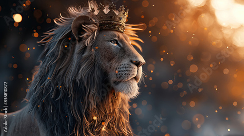 majestic Lion of Judah with elegant golden kings crown, on bokeh light background. Christian concept photo