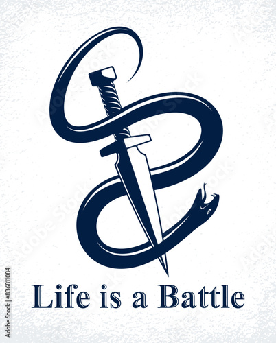 Dagger kills a Snake, defeated Serpent wraps around a sword vector vintage tattoo, Life is a Fight concept, life is no bed of roses, allegorical logo or emblem of ancient symbol.