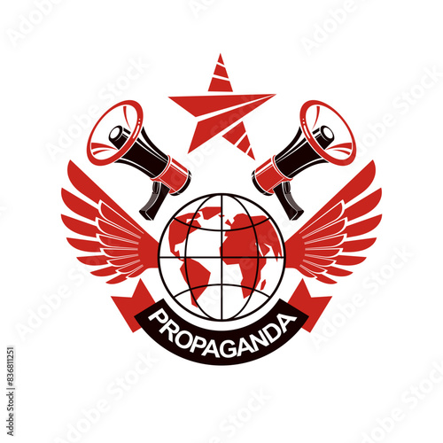 Advertising leaflet composed with loudspeakers and Earth globe, vector illustration. Disinformation idea, misleading information concept, brainwashing theme
