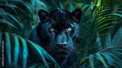 An enchanting image of a black panther blending into the shadows of a lush jungle  evoking a sense of mystery and primal beauty. Suitable for fantasy art or wildlife preservation campaigns