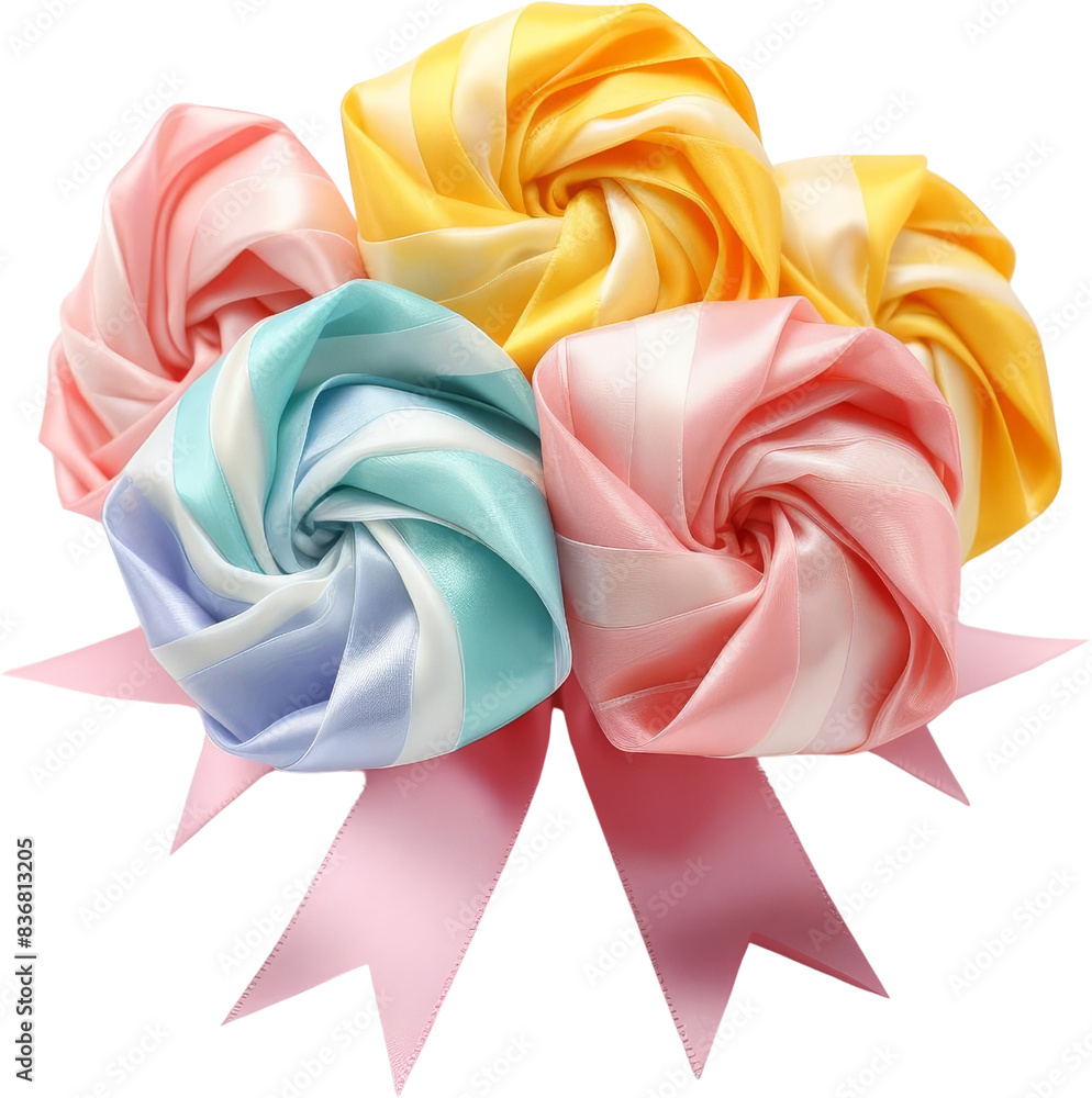 Fototapeta premium Colorful bouquet of satin ribbon flowers, intricately arranged showcasing soft pastels, perfect for crafts, decor, or gift embellishments.