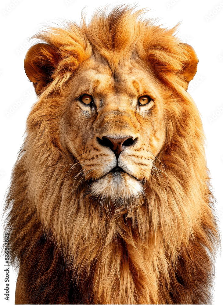 Stunning close-up of a majestic lion with a golden mane, showcasing its intense expression and regal presence in natural light. Stunning close-up of a majestic lion with a golden mane, showcasing its intense expression and regal presence in natural light.