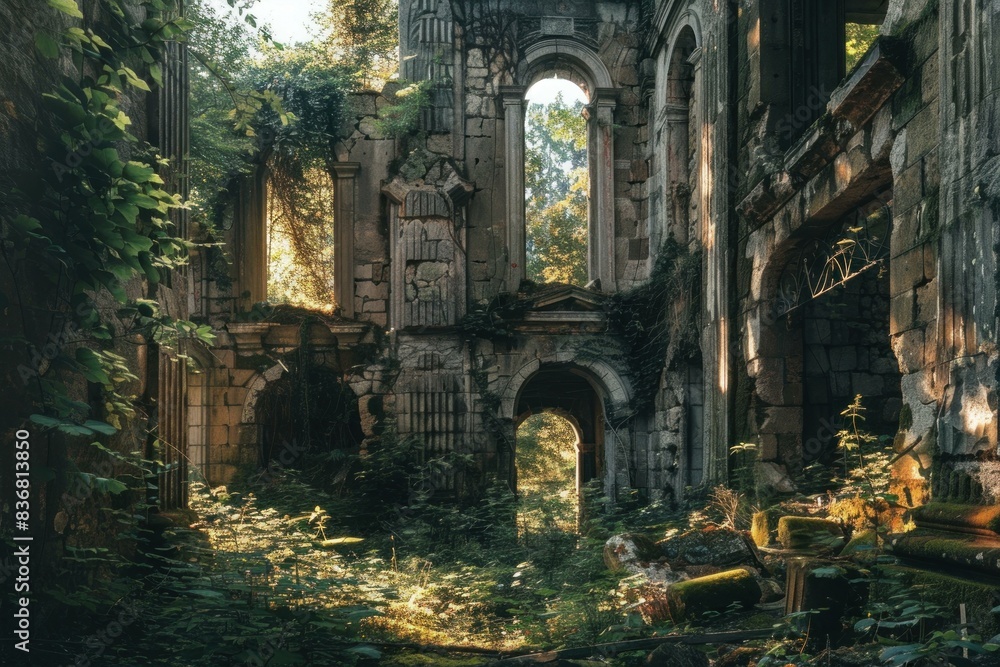 Fototapeta premium Magical view of sunlight streaming through the arches of overgrown ruins