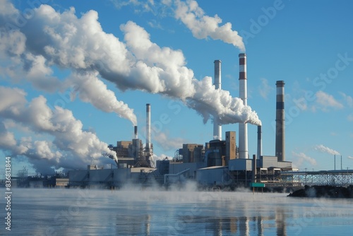 a large industrial plant with tall smokestacks emitting plumes of white smoke into a clear blue sky