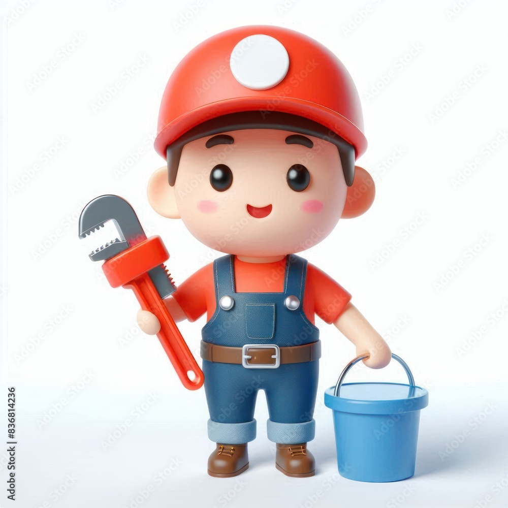 3D Cute cartoon plumber character Isolated on white background copy space 3D Cute cartoon plumber character Isolated on white background copy space
